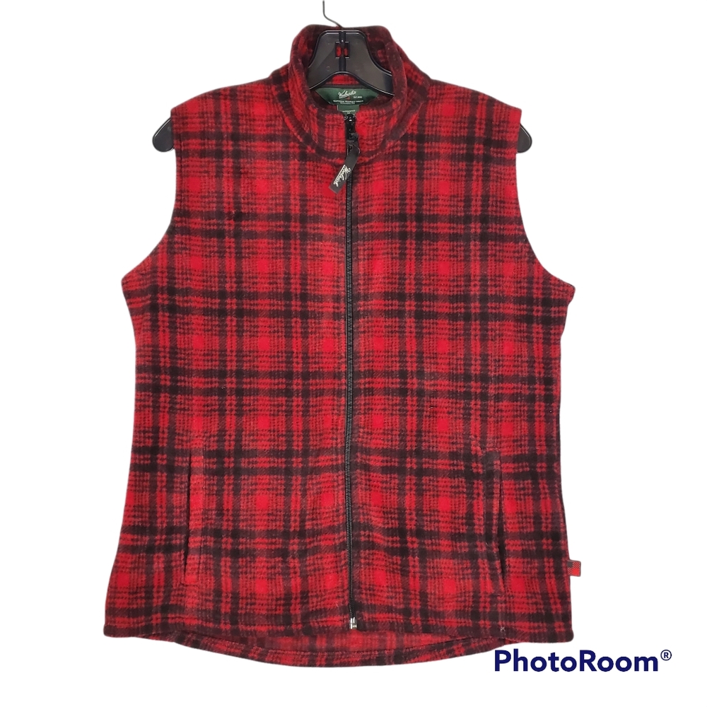 Woolrich red black hunt plaid fleece vest Womens size medium